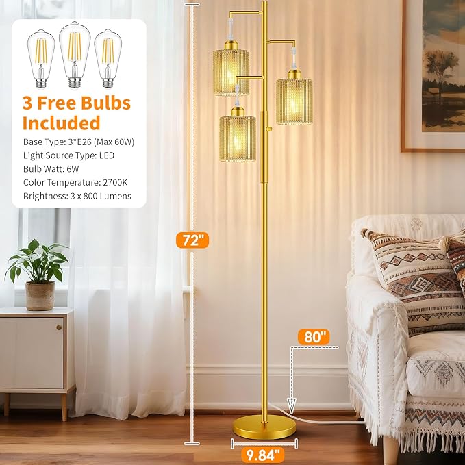 Hotsonic 72" Rattan Boho Floor Lamp, Tall Dimmable Standing Lamp with Handcrafted Beige Shade, Industrial Tree Floor Lamps for Living Room, Bedroom, Study Room, Office(3x800LM LED Bulbs Included)-Gold