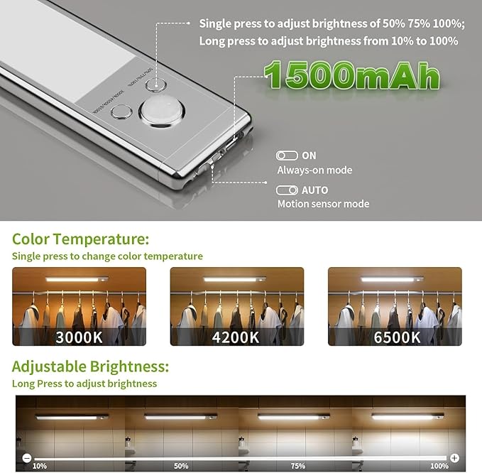 6 Pack Under Cabinet Lighting, Motion Sensor Light, 10-Inch Rechargeable LED, Battery Powered White