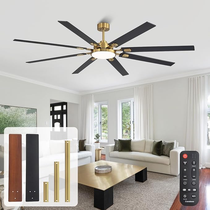 80 Inch Ceiling Fans with Lights and Remote, Bedroom Living Room Office Library Cafe Outdoor Industrial, 5CCT Dimmable, Dual Color 8 Blades, 6 Speed Reversible Quiet DC Motor, Gold/Wood Grain