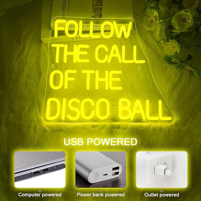 NOSUN Follow The Call of The Disco Ball Neon Sign,Neon Signs for Wall Decor Yellow Neon Sign,Dimmable Disco Neon Lights for Disco Party Decor Neon Signs Letter Led Lights for Dancing Club Wall Decor