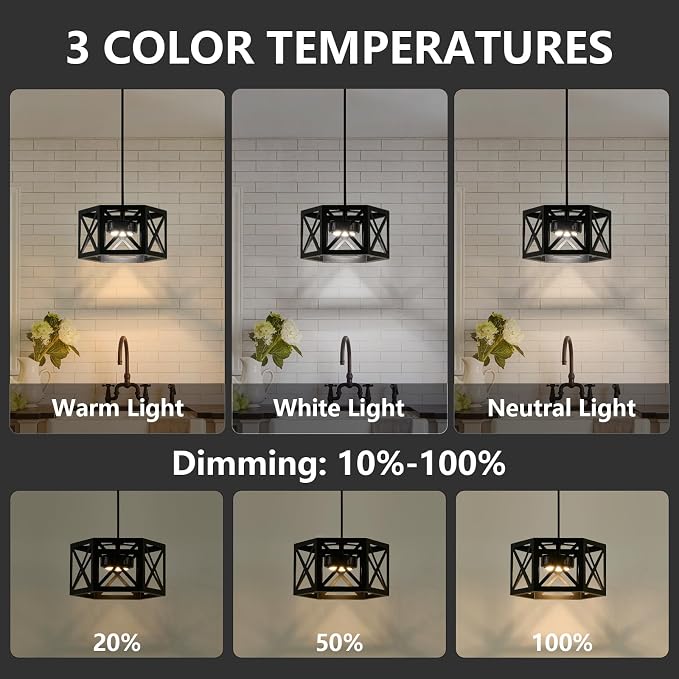 XSDeTu 2 Pack Rechargeable Battery Operated Pendant Lights, Modern Farmhouse Battery Powered Hanging Light, 3 Colors Dimmable Metal Ceiling Lights, Adjustable Black Pendant Lighting for Kitchen island