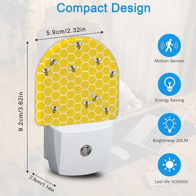 Night Light,Yellow Beehive Bees Night Lights Plug Into Wall for Boys Girls,Lamp for Stairway/Hallway/Bedroom Sleep Friendly