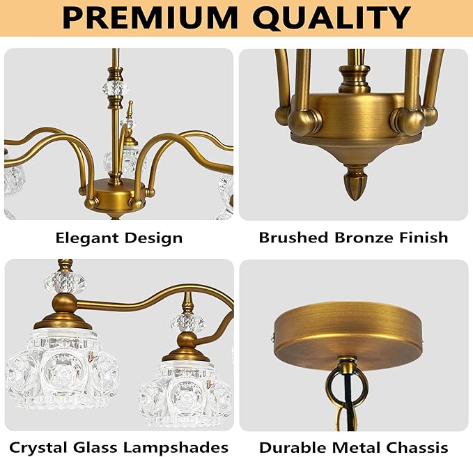 Montex Vintage Brass Pendant Light Fixture 5 Lights Gold Brass Vintage Chandelier Crystal Glass Shade Brass Pendant, 6 Light Bulbs are Included