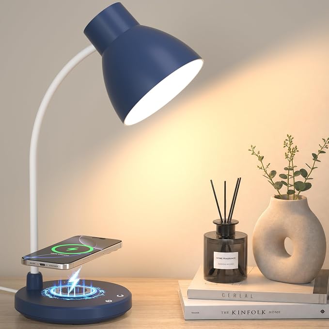 LED Desk Lamp for Home Office with Wireless Charger, Navy Blue | 3 Color Modes Dimmable Eye-Caring Study Reading Dorm Desk Lamp, 360° Flexible Arm Table Lamp for College Dorm Room, 800 Lumen