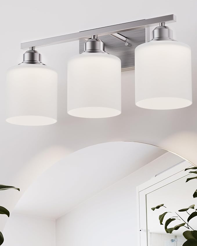 Bathroom Light Fixtures Over Mirror, 3-Light Vanity Lights Brushed Nickel, Modern Bathroom Vanity Light, Glass Shade & Anti-Rust Nickel Finished, Bathroom Light for Small Space
