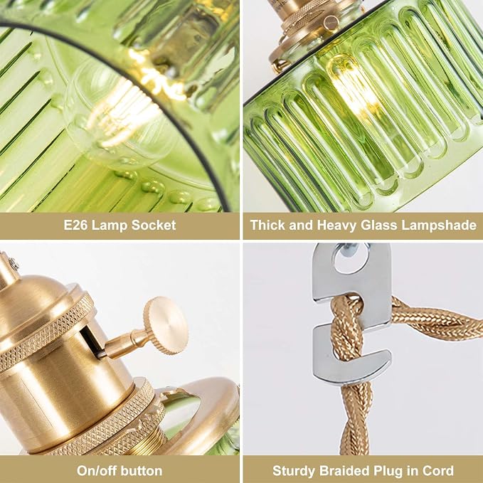 Pendant Light Fixtures,Plug in Hanging Light Fixture Green Glass 6.6in Pendant Light,E26 Pendant Lighting for Kitchen Island, Bedroom, Dining Room, Living Room
