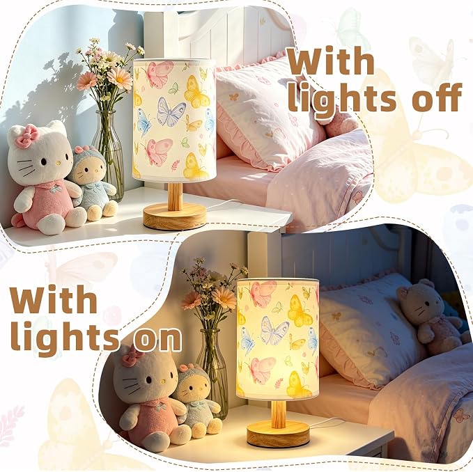 Butterfly Kids Table Lamp for Bedroom Girls Bedside Lamps,Butterfly Birthday Gifts for Girl,3 Colors Dimmable Nightstand Night Light with Cartoon Lampshade Desk Lamp for Girls Boys Room Nursery Decor