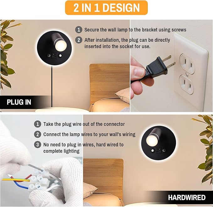 ERAY Wall Mounted Reading Light, Adjustable Wall Sconces with USB and Type-C Charging Port/Touch Control, 3000K/4000K/6000K 350° Rotatable LED Spotlight & Backlight for Bedside Bedroom -2 Pack