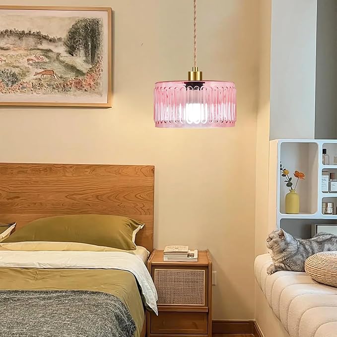 Pink Plug in Pendant Light Glass Hanging Lights with Plug in Cord Boho Hanging Lamp Gold Mid Century Modern Vintage Dimmable Flower Plug in Chandelier Ceiling Fixture for Living Room,Bedroom