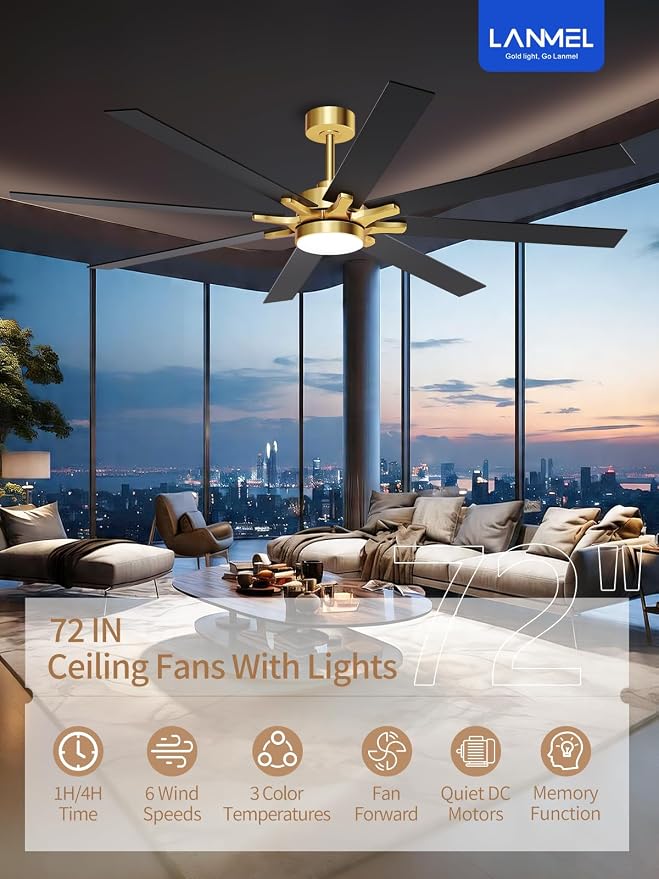 LANMEL Metal Ceiling Fan with Lights and Remote, 72 Inch, Gold & Black | Modern Low Profile Flush Mount, Reversible, 3CCT Dimmable, Quiet, LED, For Bedroom, Living Room, Indoor/Outdoor Patio Use