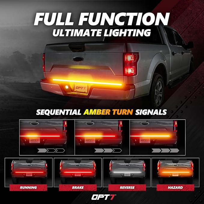 OPT7 Redline 60" Aluminum Truck Tailgate Light Bar w/Sequential Amber Turn - Weatherproof Rigid 1-Piece Triple Row LED Strip - Dynamic Taillight w/White Reverse - Fits F150, Silverado, Sierra, Ram