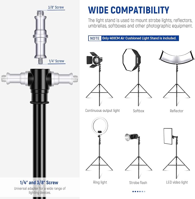 NEEWER 13ft/400cm Air Cushioned Light Stand, Heavy Duty Metal Photography Tripod Stand with 1/4” to 3/8” Reversible Screw Adapter and 3 Way Mounting Interface, Load Capacity: 6.5lb/3kg, ST-400AC | Photography Tripod Stand, 1/4" to 3/8" Reversible Spigo...