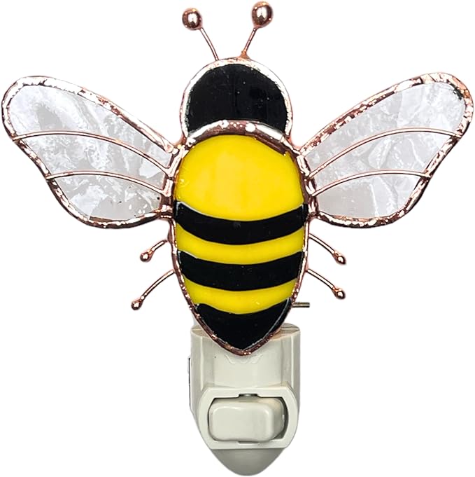 Gift Essentials Honey Bee Plug in Night Light - Stained Glass Nightlight with On/Off Rocker Switch - Includes One 4 Watt Replaceable Incandescent Warm Glow Bulb
