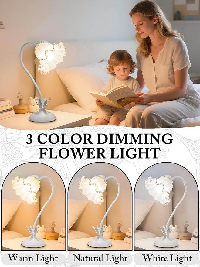 Flower Table Lamp,LED Reading Light Bedside Vintage Flower Night Light,3 Colors Modes Kawaii Bedside Lamps Decor,Living Room Bedroom Room Lighting Table Lamps Home Decoration (White Pearls)