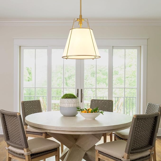 Modern Pendant Light Fixtures with 13" White Linen Fabric Shade, Adjustable Hanging Light Fixture,Drum Gold Vintage Chandelier for Kitchen Island Bedroom Dining Room Foyer Entryway
