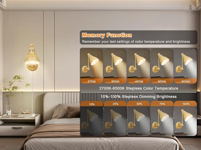 GOODATE 2 Pack Plug in Wall Sconces with Remote Control, Dimming, Adjustable Colors 2700K-6500K, Swing Arm Wall Lamps with Night Light & Timer, Plug-in or Hardwired, LED Bulbs Included, Oak Finish