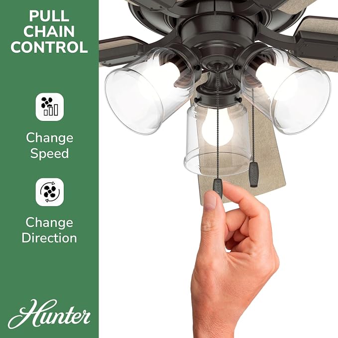 Hunter Crestfield, Indoor, Ceiling Fan, Quiet, 52 inch, Noble Bronze | with LED Lights and Pull Chain, Low Profile Flush Mount, 5 Blades, For Bedroom, Living Room, Kitchen, 54208