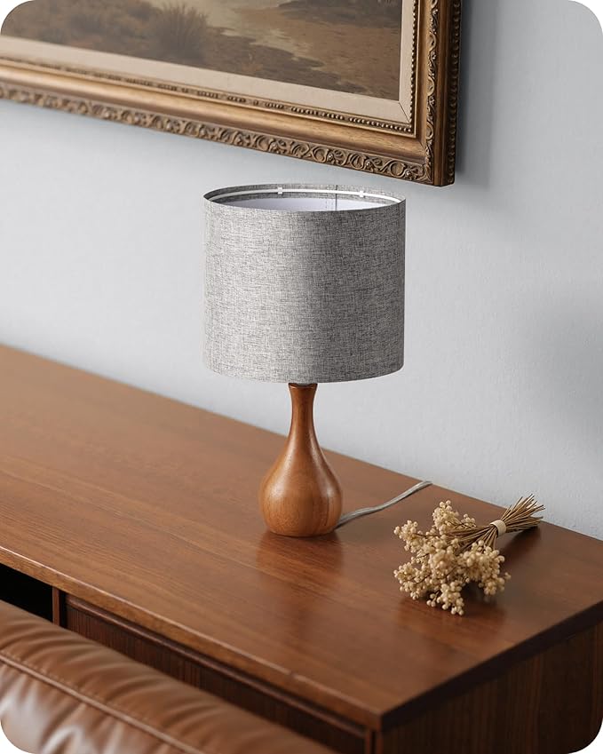 Gray Table Lamp, 14.2" Small Bedside Lamp, Compact Desk Lamp with Gray Linen Lampshade & Dark Walnut Base, Modern Nightstand Lamp for Bedroom, Kid's Room, Office, E26 Socket, LH09TL05