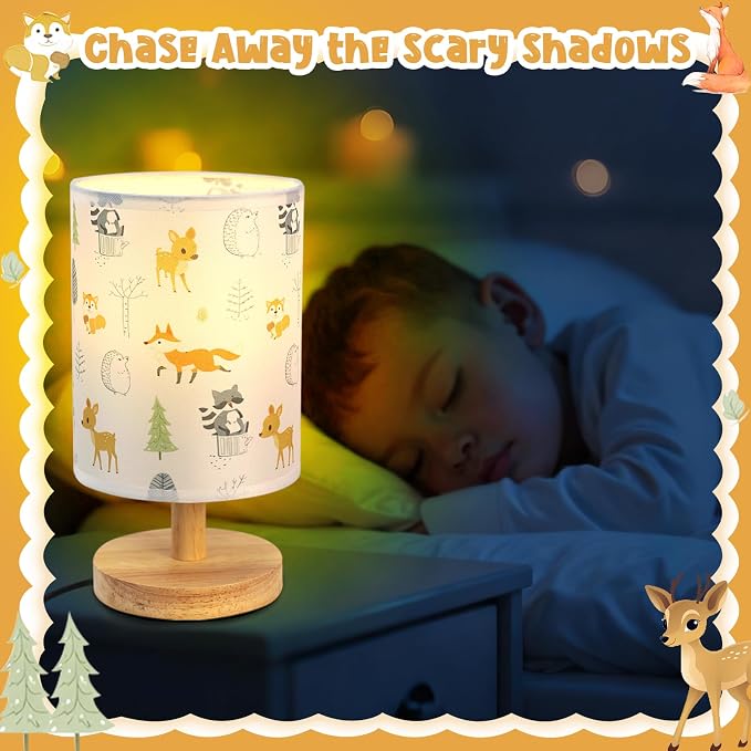 Animal Table Lamp for Bedroom Kids Bedside Lamp with Linen Wooden Nightstand Cartoon Nursery Lampshade for Boys Girls Room Decor