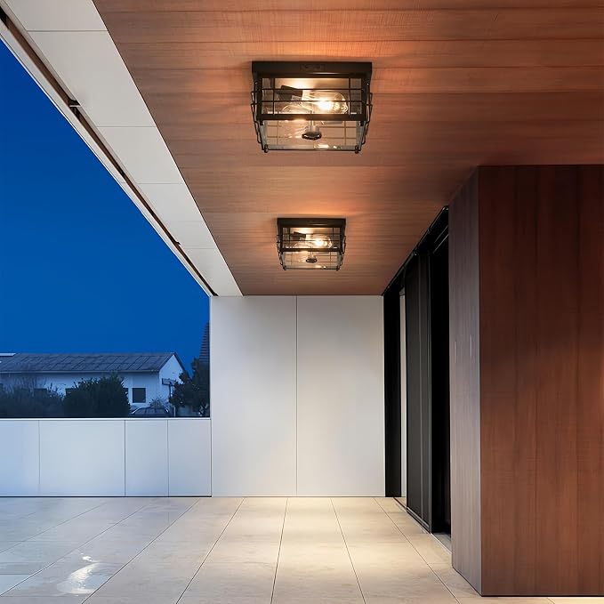 Yisuro Outdoor Ceiling Light with Motion Sensor, Dusk to Dawn Flush Mount Ceiling Light, Adjustable Timer & Sensitivity, Exterior Porch Light Fixture for Front Door, Patio, Garage, Square, Black