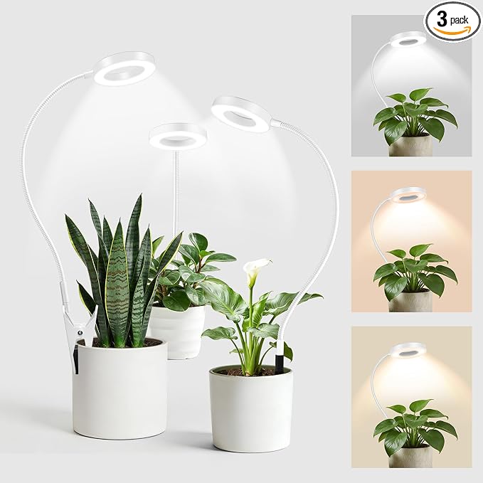 LORDEM Grow Lights for Indoor Plants, 2 in 1 Full Spectrum Plant Light with 360° Gooseneck, 48 LEDs, Auto Timer 6/8/12/16H, 3 Lighting Modes,5 Brightness Levels for Small Plants, 3 Pack White