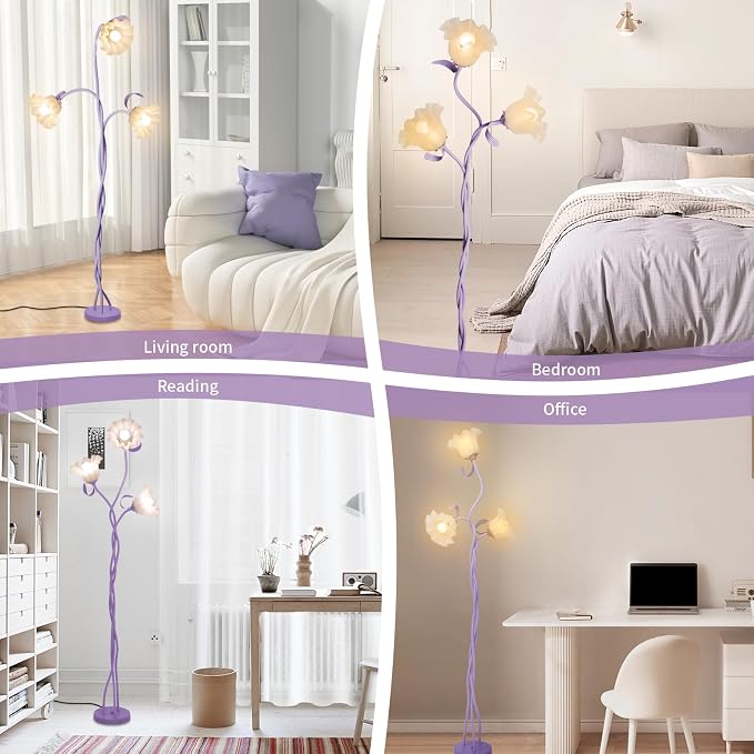 Flower Floor Lamp for Living Room, Tall Cute Reading Lamp with Flexible Neck Shaft for Bedroom Decor, Modern Corner Floor Lamps with 3-Color Temperatures LED Bulb (Purple)