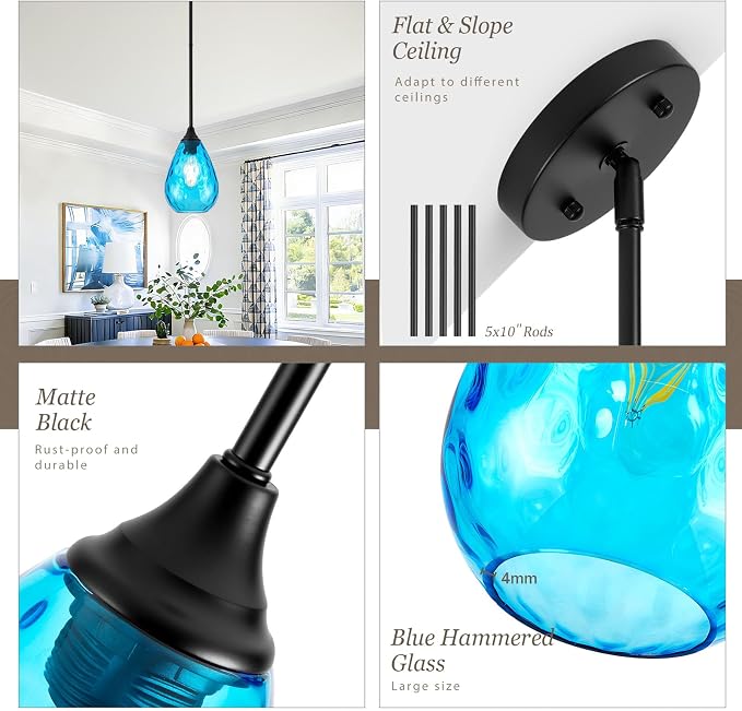 Glass Pendant Lights Kitchen Island, 1-Light Modern Black Pendant Light Fixtures with Blue Hammered Glass and Rods, Small Hanging Light for Kitchen Sink Dining Room Bathroom