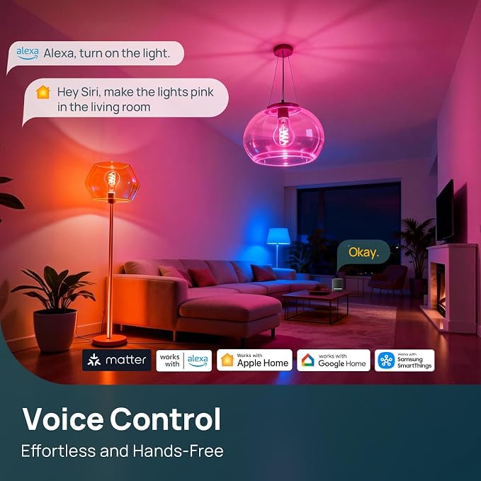 Linkind Matter Smart Light Bulbs, Work with Alexa/Apple/Google Home, 1Pack | A19 Color Edison Bulb, Voice Control, Music Sync, Timer, Tunable White(1800K-6500K), Vintage Decor E26 LED Filament 60W 850LM