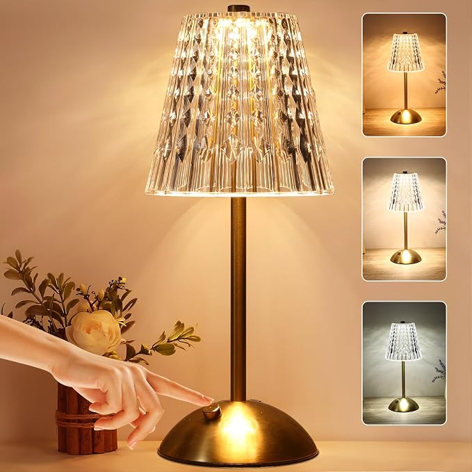 Cordless lamp,Dimmable Crystal Table Lamp 3 Colors LED Gold Lamp | 3 color modes with adjustable brightness for bedrooms, offices and home decor. Great gift for women, moms, teachers & friends