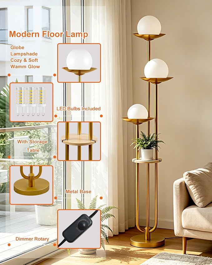 3-Globe Floor Lamp with Shelf 63IN Mid Century Modern Floor Lamps Dimmable with 3000K Soft Warm White Bulbs for Wedding/Party, Gold Tall Standing Lamp for Living Room/Bedroom