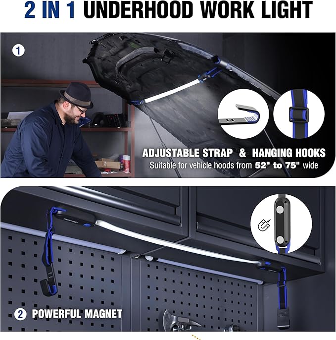 WORKPRO Rechargeable Underhood Work Light, 25inch Long Foldable LED Work Light Bar, 3 Lighting Modes with Adjustable Straps and Hooks, Magnetic Light for Car Repairing/Garage/Workshop/Emergency