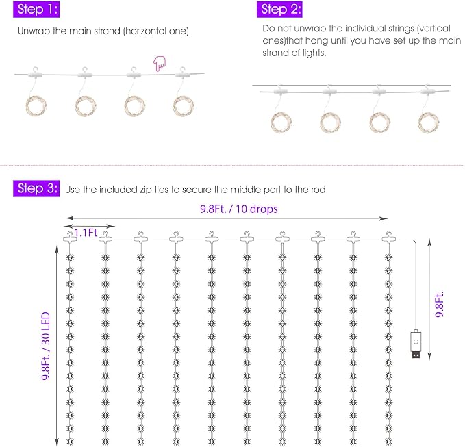 Minetom Halloween Curtain Lights, 300 LED Dimmable Fairy Lights with Remote and Timer, 8 Modes, USB Powered String Lights for Room Wall Party Xmas Indoor Decor, Purple
