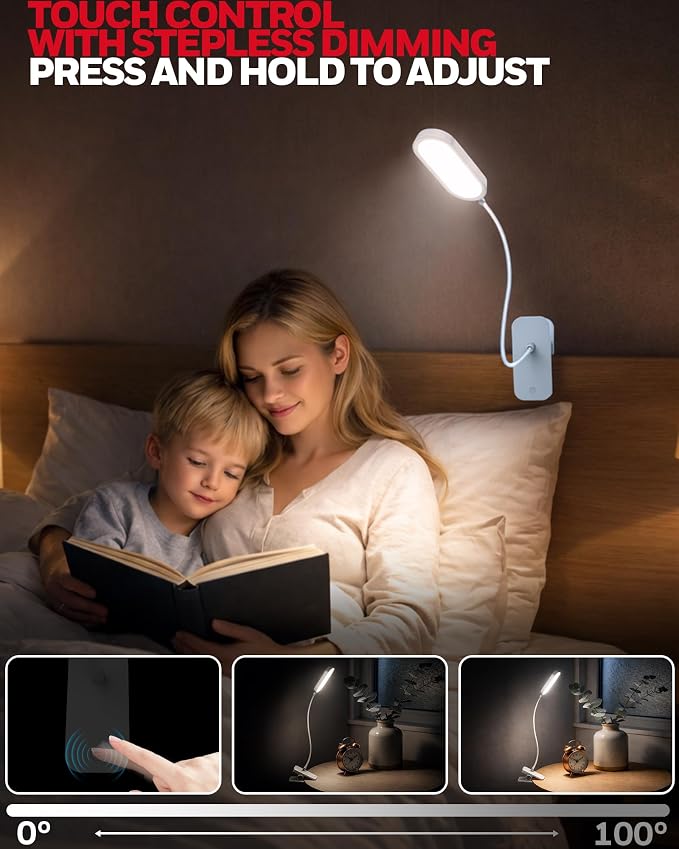 Honeywell Clip On Reading Light,Rechargeable LED 4000K CRI95 Gooseneck Lamp | 2000mAh Battery,Touch Desk Lamp White Light Mode,Eye-Caring Study Lamp With Clamp for Bed/Headboard/Table/Dorm/Home Office