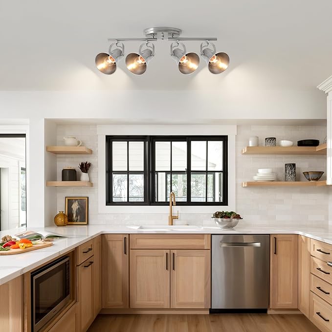 SEEBLEN 4-Light Track Lighting Fixtures Ceiling, Industrial Modern Kitchen Track Lighting, Nickel Directional Ceiling Light, for Kitchen Island, Dining Room, Living Room