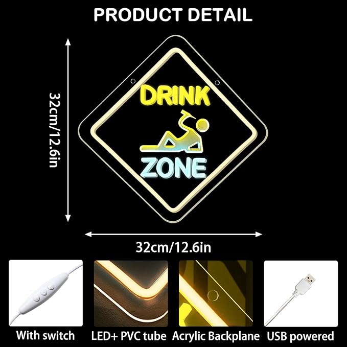 Looklight Bar Led Sign Drink Zone Neon Sign Neon Signs for Wall Decor Led Lights Wine Decor Drinks Sign for Pub Man Cave Club Party Home Bar Decorations