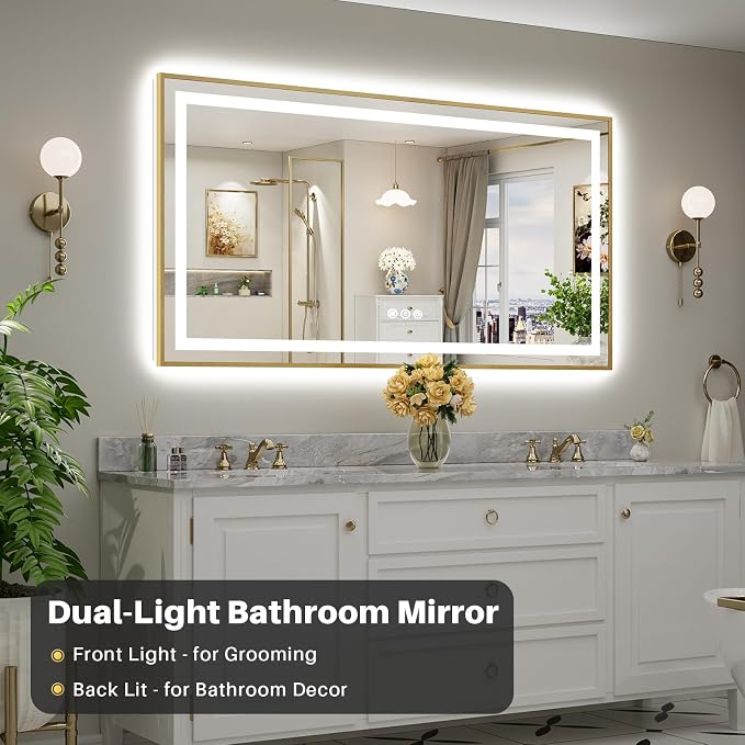 68x36 Inch LED Bathroom Mirror with Gold Frame, Backlit & Front Lit | Anti-fog, 3 Color Dimmable, Memory Function, HD Reflection Tempered Glass, ETL Listed, IP54 Waterproof