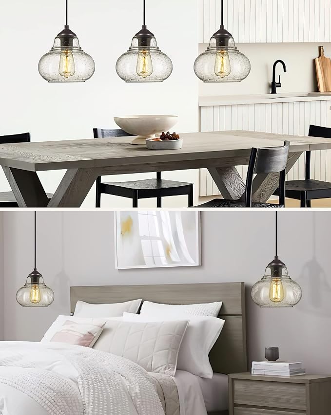ELYONA 8 Inch Pendant Light Fixtures Seeded Bubble Glass Hanging Light Industrial Pendant Lighting for Kitchen Island Farmhouse Bar Bathroom Dining Room Oil Rubbed Bronze Finish