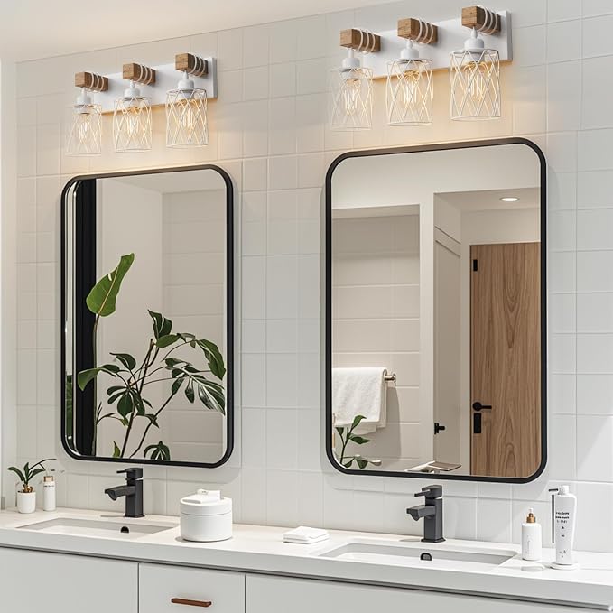 IZORRO Farmhouse Bathroom Vanity Light, 3-Light Wood Bathroom Light Fixtures Over Mirror, Matte White Industrial Vanity Lights with Metal Shade, Rustic Restroom Lighting Fixtures