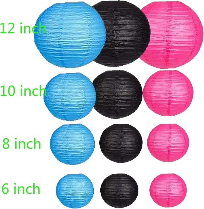 12Pcs Paper Lanterns 6”, 8”, 10”, 12”,Paperlanterns Party Decoration, Blue Black Hot Pink Paper Lanterns for Wedding, Bridal, Birthday, Outdoor, Home, Garden, Holiday and Party.