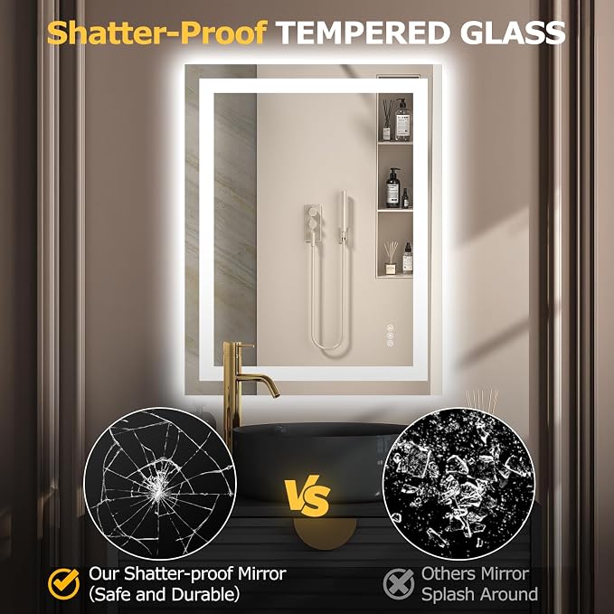 Hivone 36.1X28.1 LED Bathroom Mirror with Lights, Anti-Fog, Dimmable, Backlit + Front Lit, Smart Bathroom Vanity Mirror, Memory Function, Shatterproof, Tempered Glass (Horizontal/Vertical)