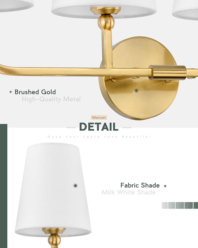 4-Light Brushed Gold Bathroom Vanity Light with White Fabric Shade | 28 Inch gold bathroom light fixture over mirror, UL listed, E26 bulbs, hardwired, upward only, VL837-BG-4K