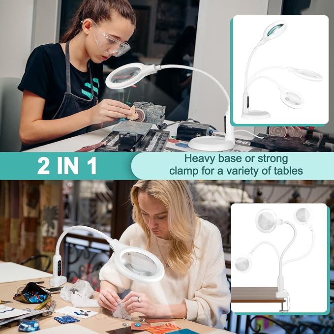 10X Magnifying Glass with Light and Clamp, 5 Color Modes Stepless Dimmable Lighted Magnifier with Stand, Flexible Gooseneck LED Desk Lamp Hands Free for Craft Painting Hobby Close Work
