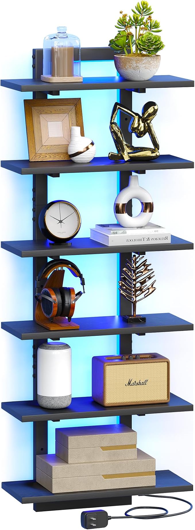 6 Tier Wall Shelf Unit Floating Shelves with LED Light, Vertical Wall Shelf, Wall Mounted Display Shelf for Living Room, Bedroom, Vanity, 15" W x 5.9" D x 43.3" H, Black