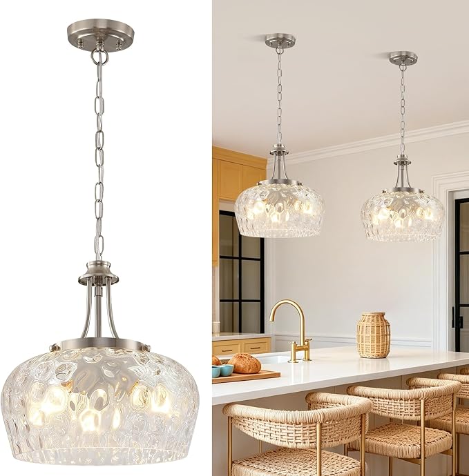 Modern Pendant Lights Kitchen Island, 3-Light Brushed Nickel Pendant Light Fixtures with 14.2" Clear Hammered Glass Shade, Hanging Pendant Lights Fixture for Kitchen Island Dining Room Foyer Entryway