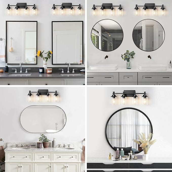 4-Light Bathroom Vanity Lights with Clear Glass Shades, Matte Black Over Mirror, Modern Wall Lamp for Mirror, Living Room, Bedroom