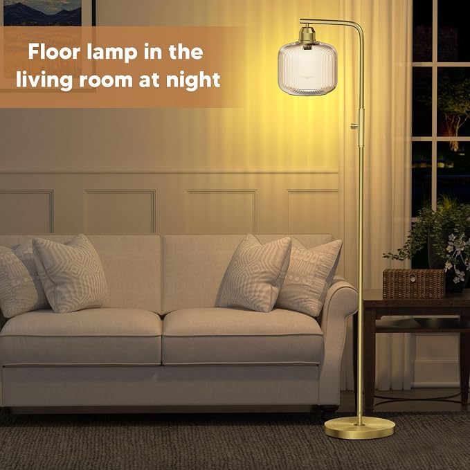 66" Dimmable Gold Standing Lamp with Champagne Ribbed Glass for Living Room | Vintage Floor Lamp with Brushed Gold, Stepless Rotary Switch and 3000K LED Bulb, Arc Floor Lamp for Bedroom & Study Room