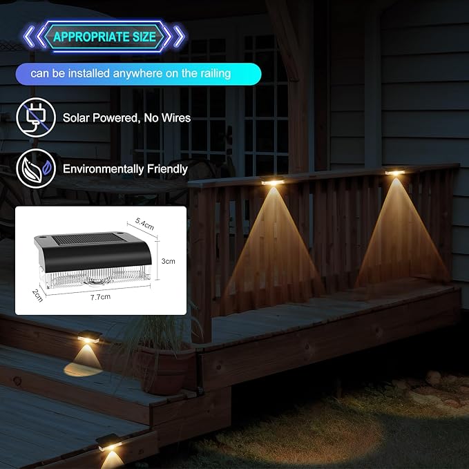Solar Fence Lights Outdoor, LED Solar Deck Light Waterproof, 8 Pack Balcony Lights Outside Solar Powered for Outdoor Stairs, Step, Railing, Yard, Patio Decor, Warm White