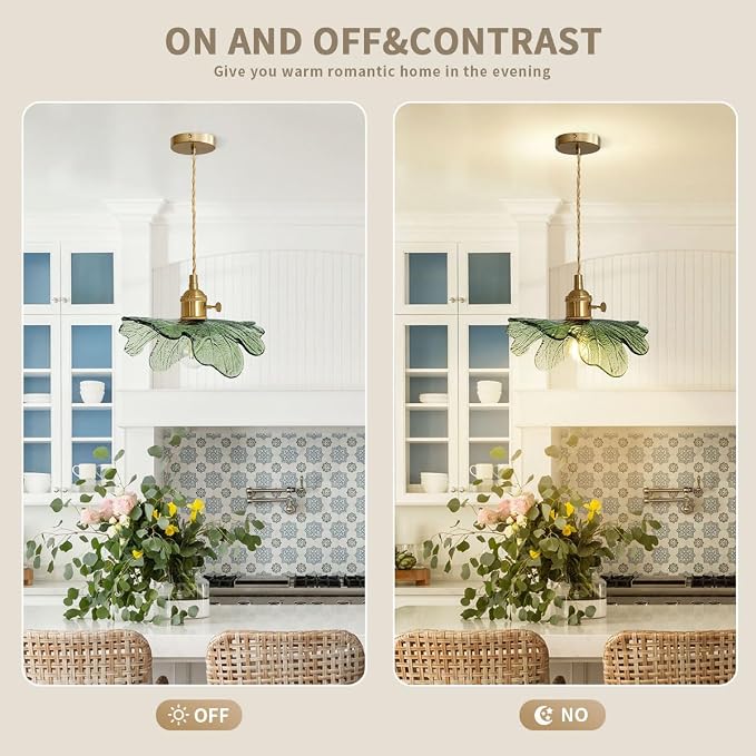 Vintage Pendant Lights Green Glass Pendant Lighting Kitchen Island Hand Blown 1-Light Brass Pendant Light Farmhouse Hanging Light fixtures with Glass Shade for Dining Room Bedroom