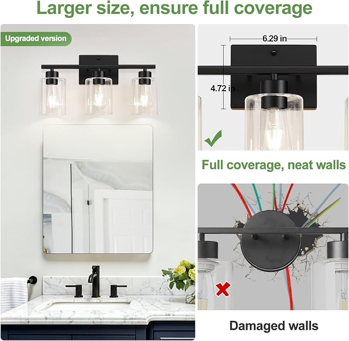 Black Bathroom Light Fixtures with Clear Glass Shades, Modern 3 Light Vanity Lights for Bathroom, Vanity Lights with E26 Socket (Bulbs Not Included), for Mirror, Bedroom, Hallway