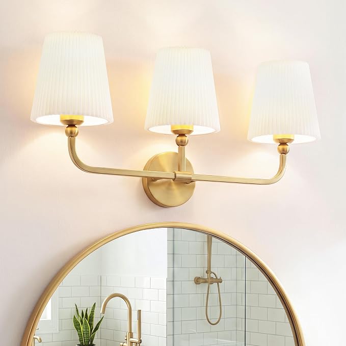3-Light Brushed Gold Bathroom Vanity Light, Pleated Fabric Shade | 24.75" 3-light gold double wall sconce with white pleated fabric shades, E26 bulbs, hardwired, upward only, VL837-BG-Z-3